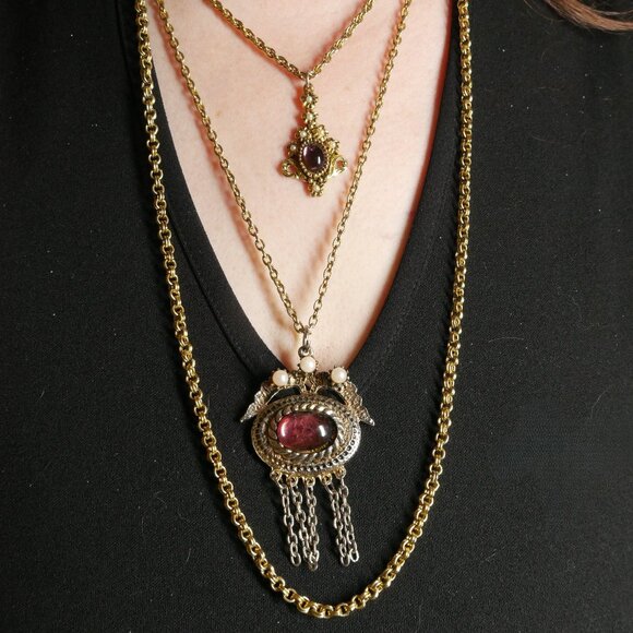 Vtg Victorian Revival Filigree Amethyst Colored Glass Double Drop Chain Necklace - Picture 1 of 4